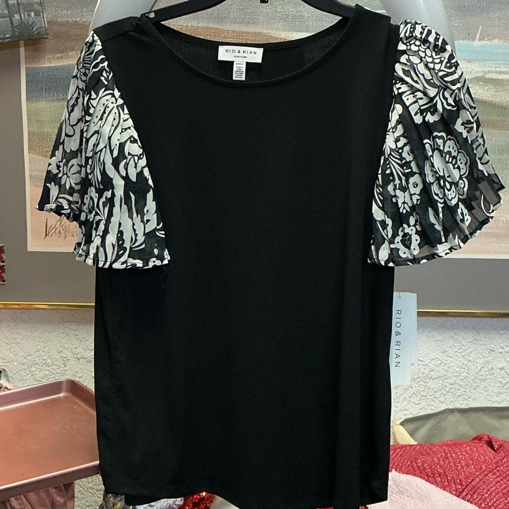 Black Top with Patterned Sleeves